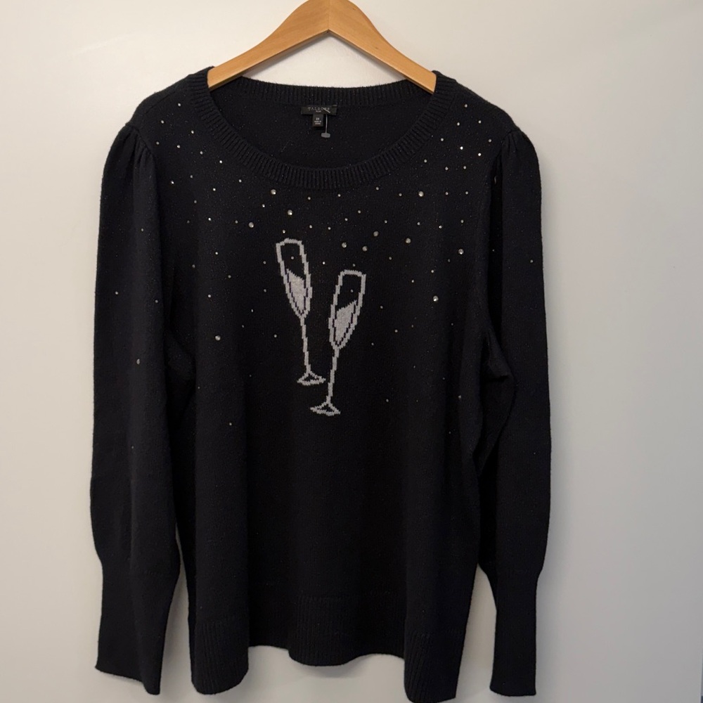 Talbots Black Sweater with Champagne Glass Design